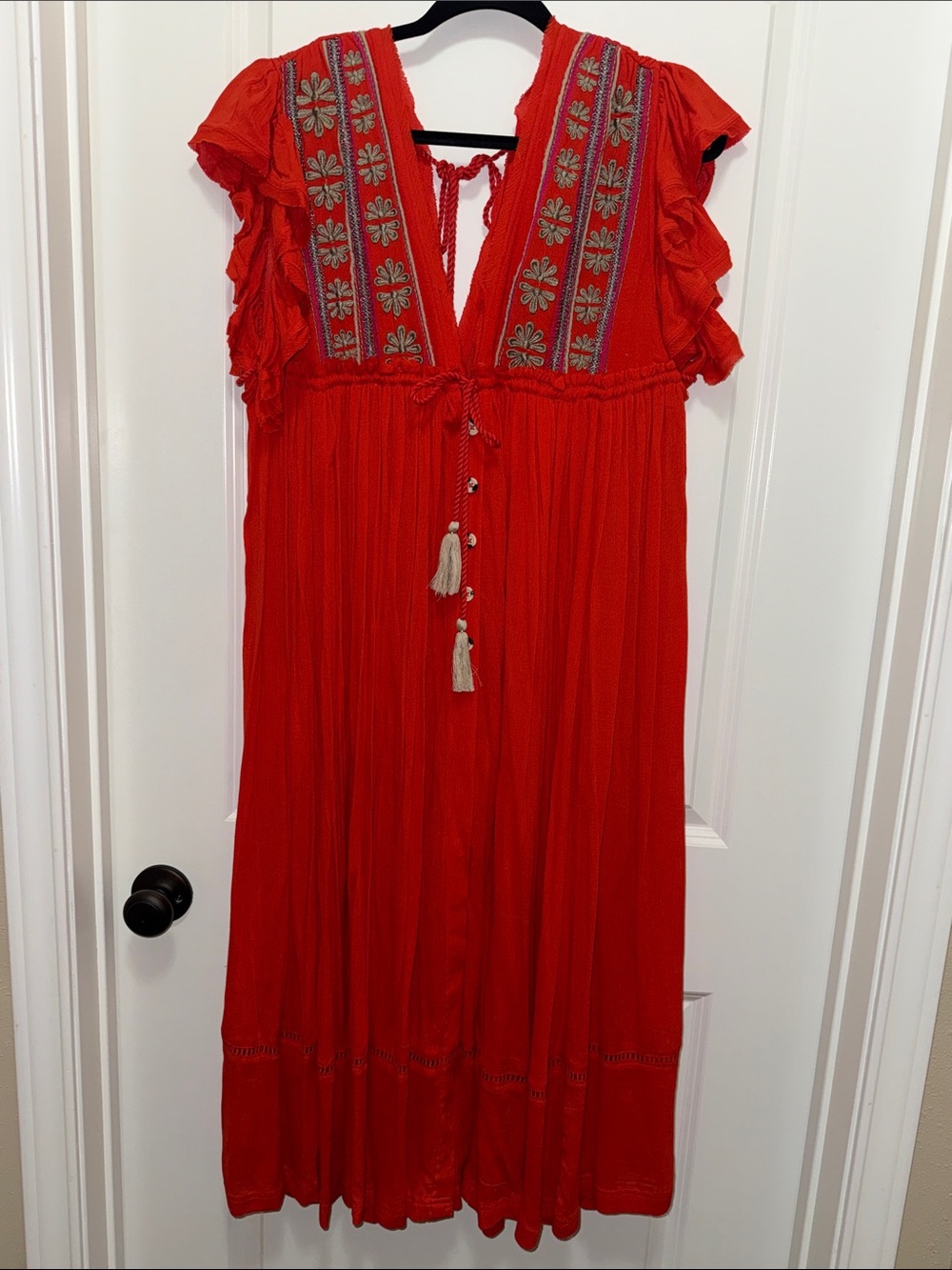 Free People Red/Coral Embroidered Tassel Maxi Dress